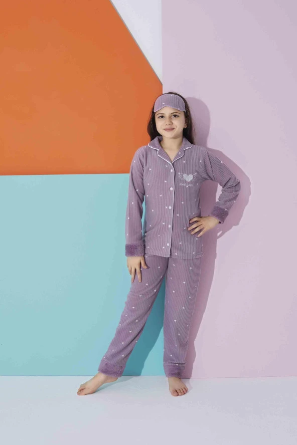 Kız Çocuk BOYDAN DÜĞMELİ Kışlık Polar Pijama Takımı 2327 L