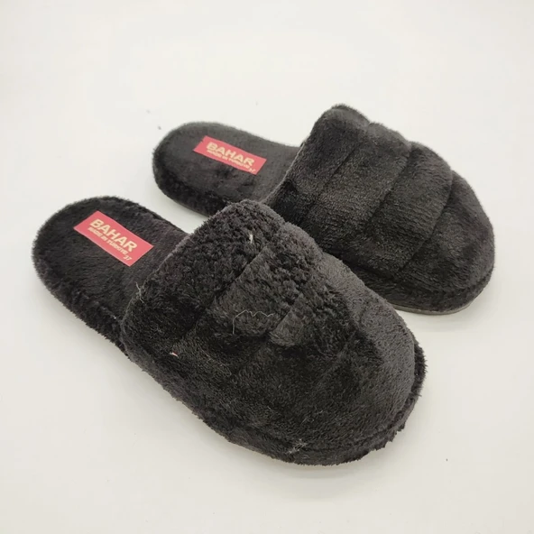 Yatay Dikişli Pofuduk Kadın Terlik Siyah Renk - 9