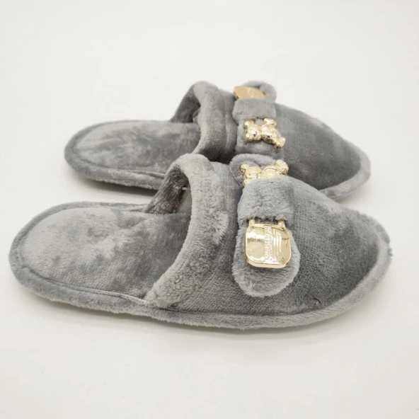 Ayıcık Papyonlu Model Kadın Terlik Gri Renk - 2