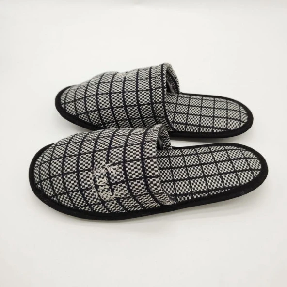 Siyah Gri Renk Kare Desenli Erkek Terlik - 5