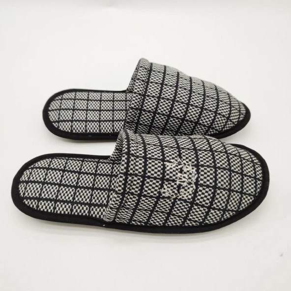 Siyah Gri Renk Kare Desenli Erkek Terlik - 7