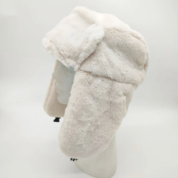 Pilot Model Peluş Kumaş Kadın Şapka Krem Renk - 6