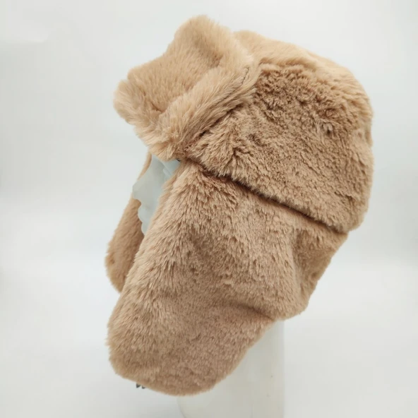 Pilot Model Peluş Kumaş Kadın Şapka Taba Renk - 6