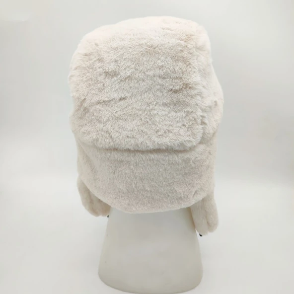 Pilot Model Peluş Kumaş Kadın Şapka Krem Renk - 9