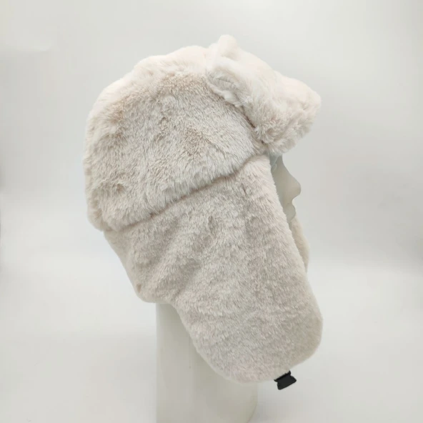 Pilot Model Peluş Kumaş Kadın Şapka Krem Renk - 8