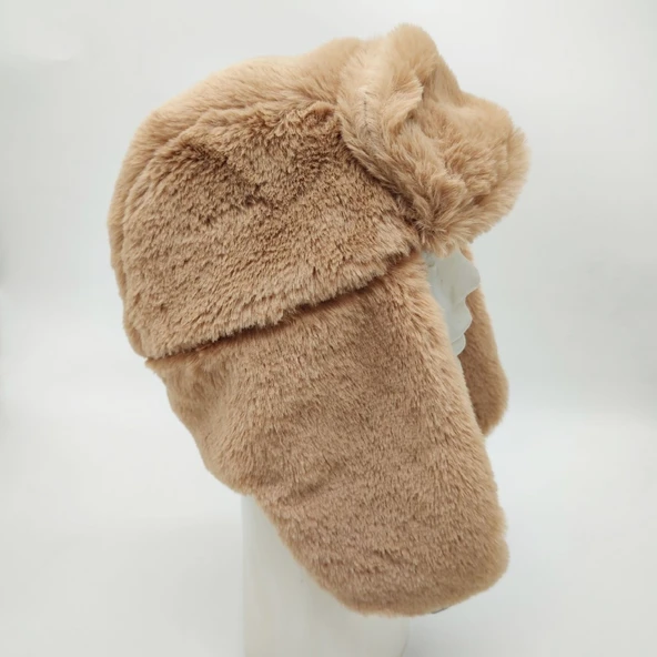 Pilot Model Peluş Kumaş Kadın Şapka Taba Renk - 8