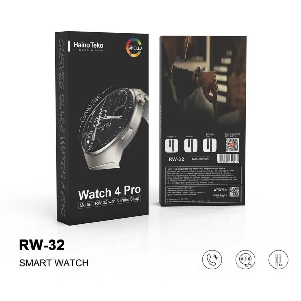 Haino Teko Watch 4 Pro ( RW32 Curved Amoled Ekran ) SİYAH RENK- 3 Kordon Akıllı Saat