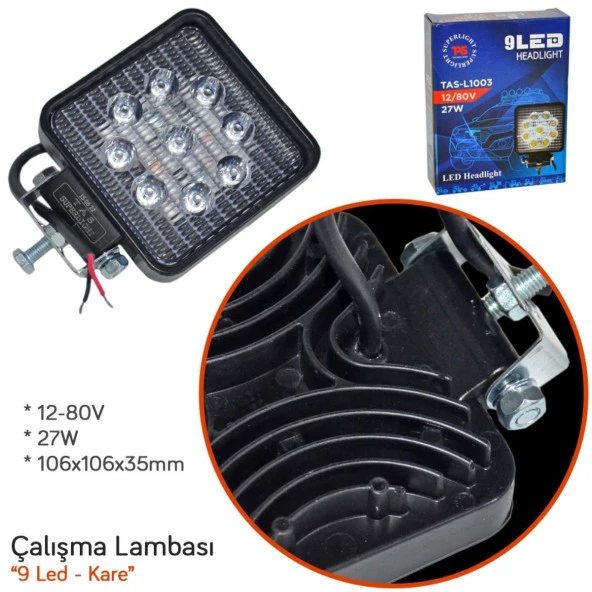 MOTOSIKLET ATV 12V 80V SİS FARI 9 LED KARE TİP BEYAZ IŞIK