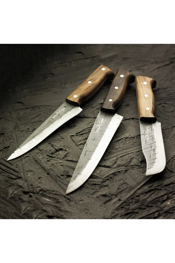 Yatağan Zeybek El Yapımı Dövme Karbon Çeliği 3lü Et, Kasap & Kurban Bıçağı Seti