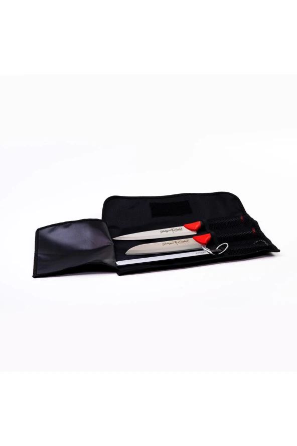 Yatağan Zeybek Yaren - 3 Lü Çantalı Masatlı Şef Mutfak Bıçağı Özel Seti - Klasik ve Santoku Şef Bıçağı
