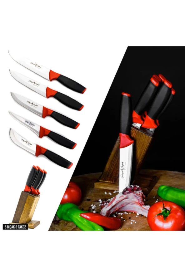 Yatağan Zeybek Yâren - Et & Mutfak Bıçağı Serisi 5 Bıçaklı Ve 5li Takozlu 6 Parça Yâren Bıçak Seti