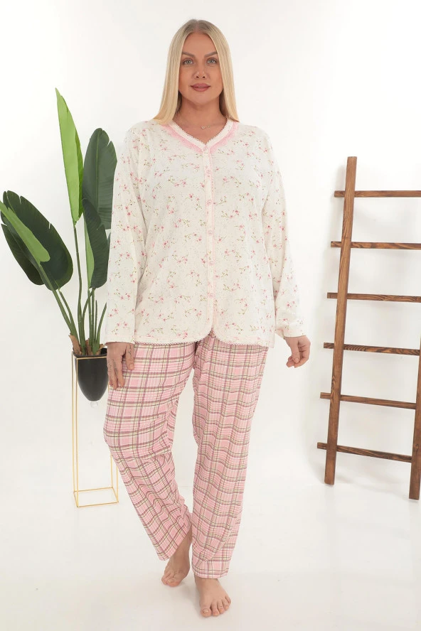 Etoile Pamuklu Önden Düğmeli Büyük Beden Kadın Pijama Takımı