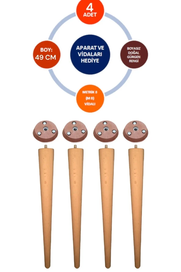 4lü Ahşap Ayak 49 Cm Konik Sehpa Ayağı-sandalye-tabure-masa Ayağı Çap:4,6cm Boy:49cm ürün görseli