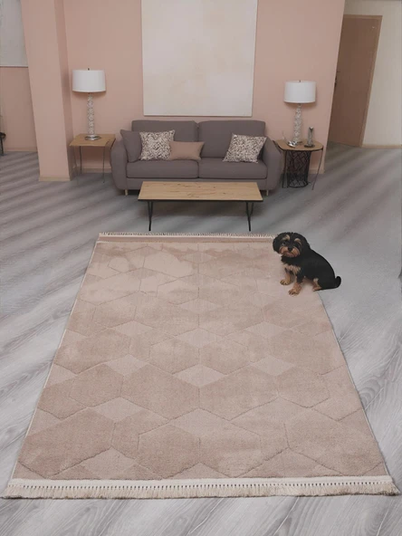 Lara Bukleli Desenli Yumuşacık Peluş Halı Salon Oturma Odası Mutfak Koridor Halısı 9400c Vizon