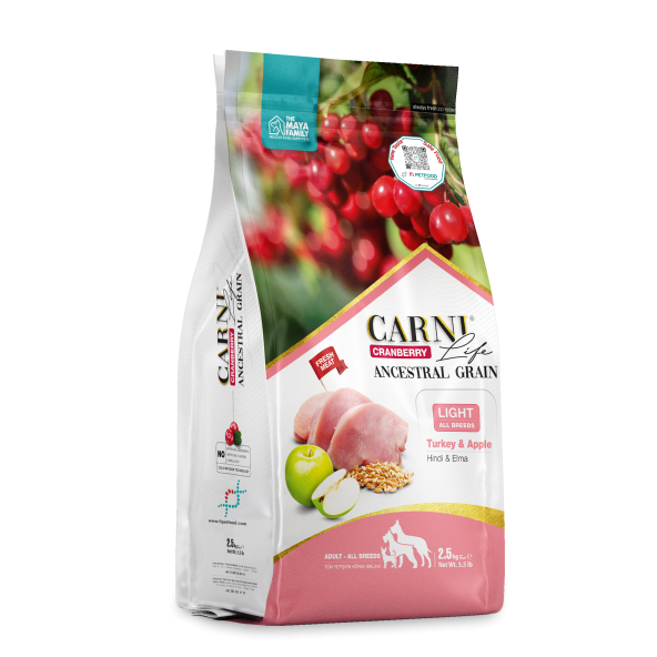 CARNI LIFE CRANBERRY ANCESTRAL GRAIN KÖPEK HİNDİ & ELMA YETİŞKİN LIGHT TÜM IRKLAR 2.5 KG