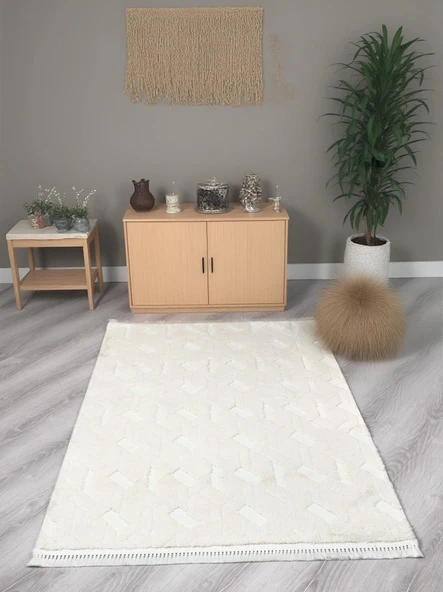 Lara Bukleli Desenli Yumuşacık Peluş Halı Salon Oturma Odası Mutfak Koridor Halısı 9401A Krem - 1
