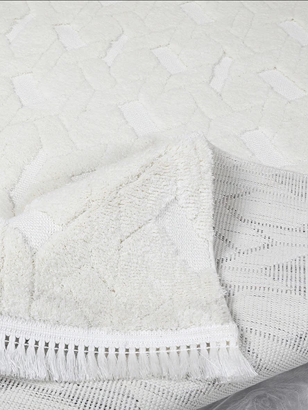 Lara Bukleli Desenli Yumuşacık Peluş Halı Salon Oturma Odası Mutfak Koridor Halısı 9401A Krem - 2