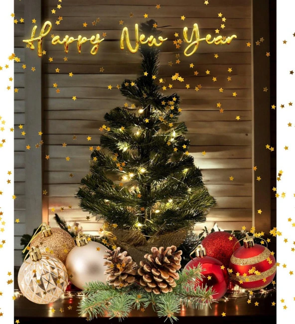 Işıklı Yılbaşı Çam Ağacı Kütük Tabanlı Jüt Ipli Masaüstü Yeni Yıl Noel Ağacı - Resim 4