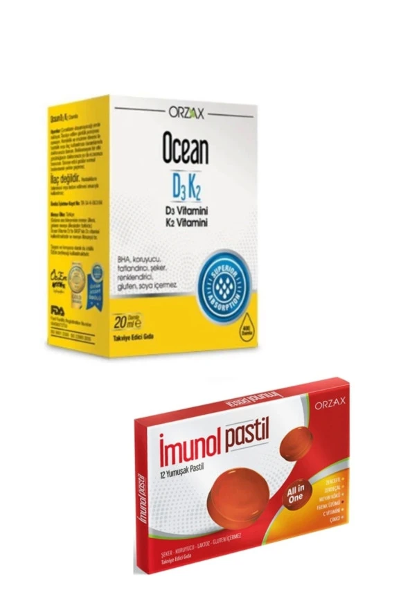 Ocean D3+K2 Damla 20 ml + Orzax Imunol Pastil 12 Yumuşak Pastil