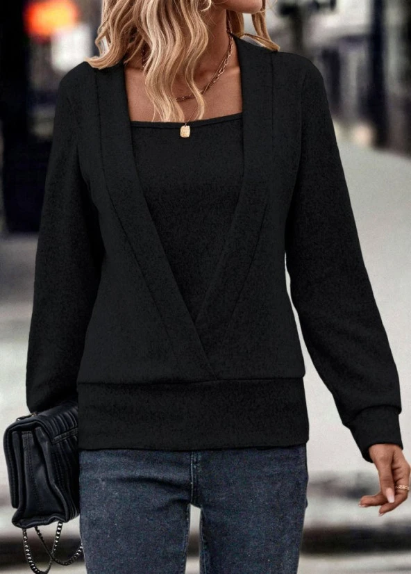 Kadın Uzun Kollu Kruvaze Yaka Kol Ve Etek Ucu Manşet Detay Yumoş Bluz