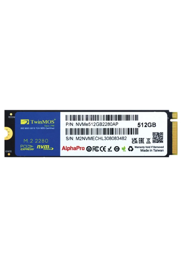 TwinMOS  512GB M.2 PCIe Gen3 NVMe SSD (3600-3250Mb/s) TLC 3DNAND (NVMe512GB2280AP)