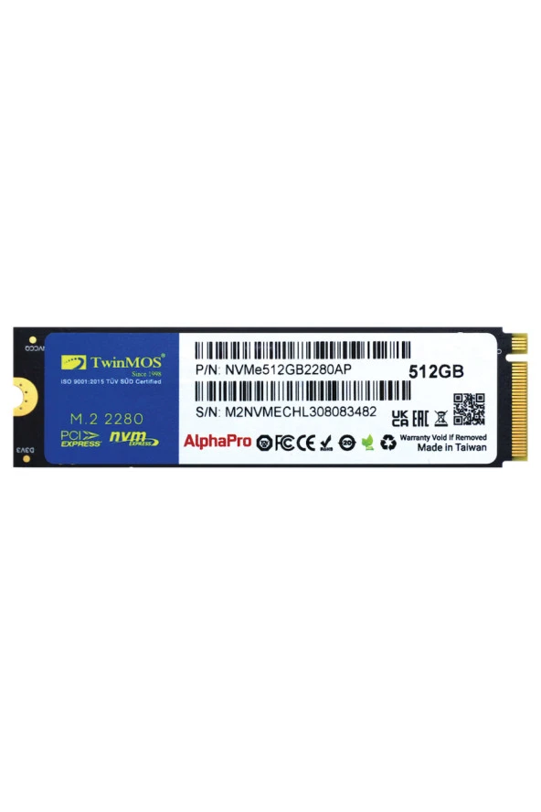 TwinMOS 512GB M.2 PCIe Gen3 NVMe SSD (3600-3250Mb-s) NVME512GB2280AP TLC 3DNAND Ssd