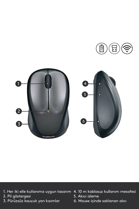 Logitech  M235 Gri 910-002201 Kablosuz 1000 DPI Kompakt Mouse - Siyah - 3