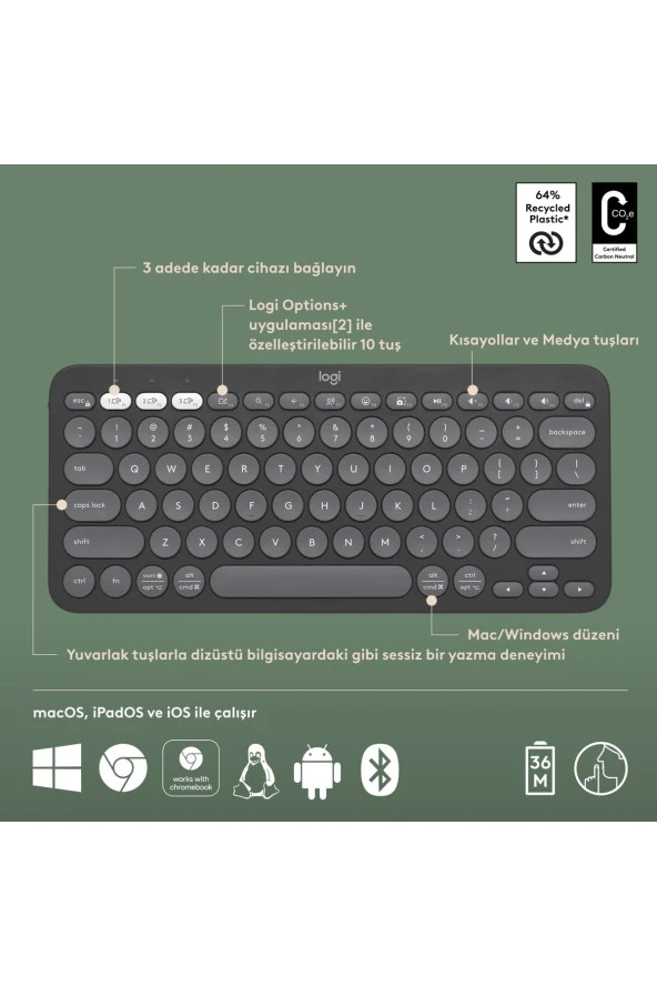 logitech Pebble Keys 2 K380s Multi-Device Bluetooth Klavye - Grafit 920-011859 - 5