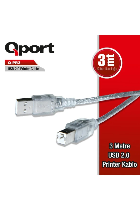 Qport  3 Metre USB 2.0 Yazıcı Printer Kablosu (Am-Bm) Q-PR3 - 2