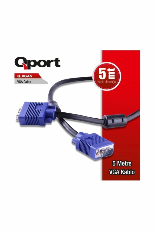 Qport Q-VGA5 15 Pin Fitreli 5 Metre Erkek Erkek Monitör Kablo
