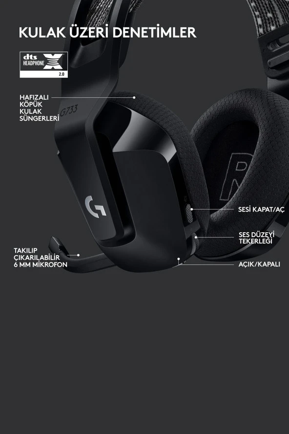 Logitech G733 981-000864 LIGHTSPEED RGB Kablosuz 7.1 Surround Ses Oyuncu Kulaklığı - Siyah - 2
