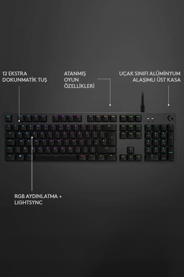 logitech  G G512 LIGHTSYNC RGB GX Blue Clicky Aydınlatmalı Mekanik Kablolu Türkçe Q Oyuncu Klavyesi - Siyah - 2