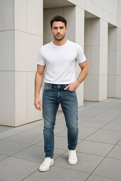 Erkek Boru Paça Jean Pantolon Mavi