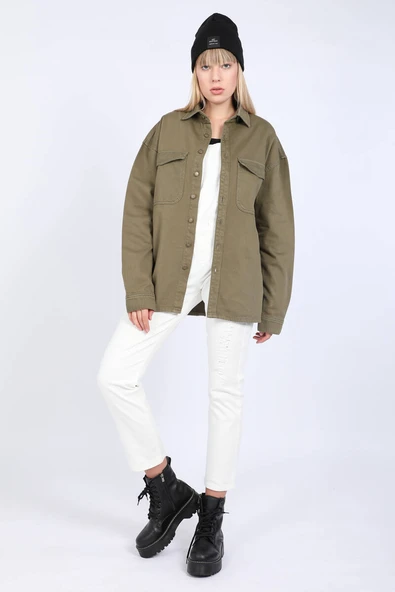 Kadın Oversize Jean Gömlek Haki - 7