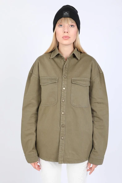 Kadın Oversize Jean Gömlek Haki - 8
