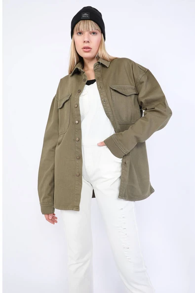 Kadın Oversize Jean Gömlek Haki - 6