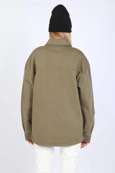 Kadın Oversize Jean Gömlek Haki - 9