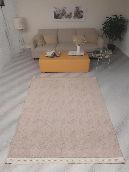 Lara Bukleli Desenli Yumuşacık Peluş Halı Salon Oturma Odası Mutfak Koridor Halısı 9401C Vizon