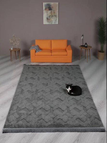 Lara Bukleli Desenli Yumuşacık Peluş Halı Salon Oturma Odası Mutfak Koridor Halısı 9401D Antrasit