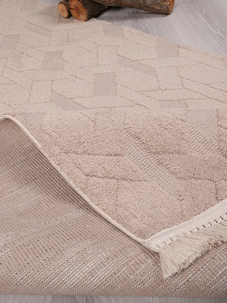 Lara Bukleli Desenli Yumuşacık Peluş Halı Salon Oturma Odası Mutfak Koridor Halısı 9401C Vizon - 3