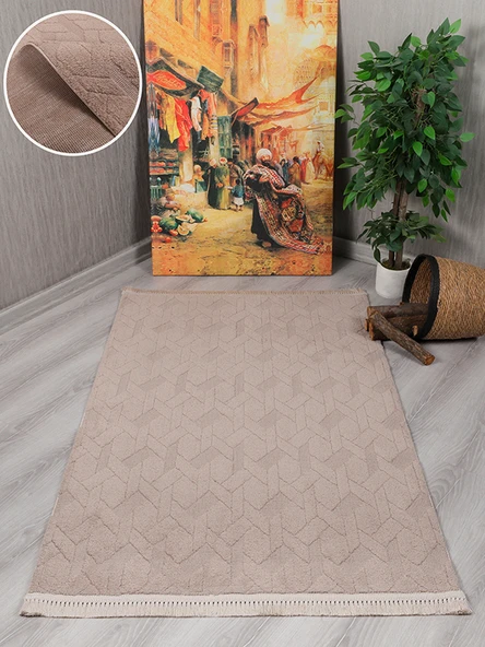 Lara Bukleli Desenli Yumuşacık Peluş Halı Salon Oturma Odası Mutfak Koridor Halısı 9401C Vizon - 2