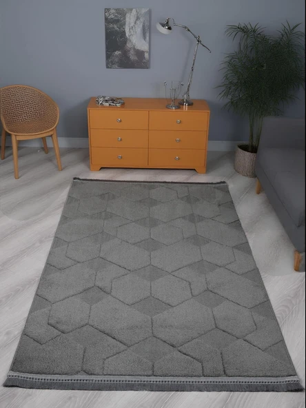 Lara Bukleli Desenli Yumuşacık Peluş Halı Salon Oturma Odası Mutfak Koridor Halısı 9400D Antrasit