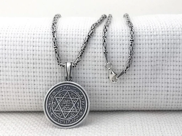 Hz Süleyman Mührü Kral Zincirli 925 Ayar Gümüş Kolye - Resim 2