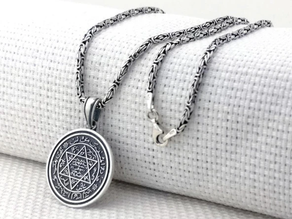 Hz Süleyman Mührü Kral Zincirli 925 Ayar Gümüş Kolye - Resim 4