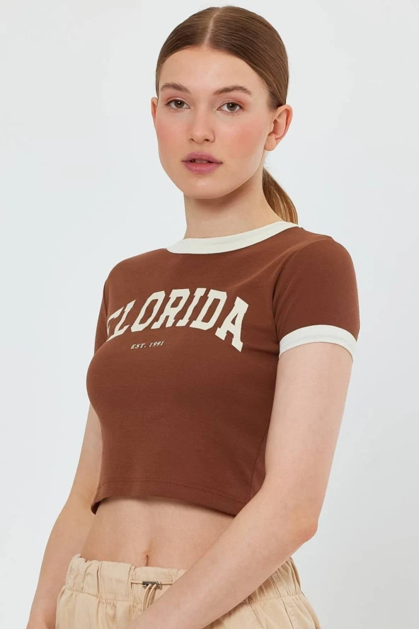 Florida Baskılı Ribana Crop T-shirt