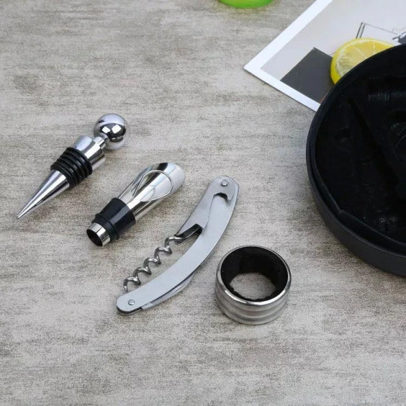 Perlotus Yuvarlak Deri Kutulu Şarap Tirbüşon Açacak Seti - 3