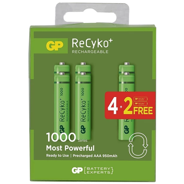 GP ReCyko+ GP100AAAHCE4-2B 950 mAh AAA Şarj Edilebilir İnce Kalem Pil 4 + 2'li