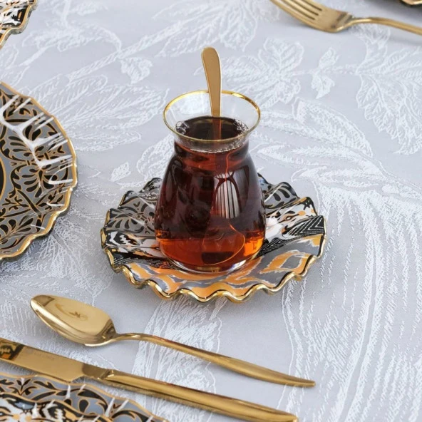 Glore Vintage 6 Kişilik Altın Yaldızlı Cam Çay Takımı 81248 - 4