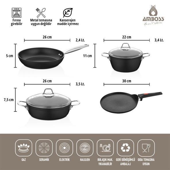 Amboss Lego 6 Parça Yanmaz Yapışmaz Tencere 30 cm Krep Tavalı Tencere Seti