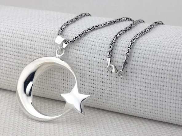 Büyük Boy Şanlı Ay Yıldızımız Tasarımlı Kral Zincirli 925 Ayar Gümüş Kolye - Resim 5